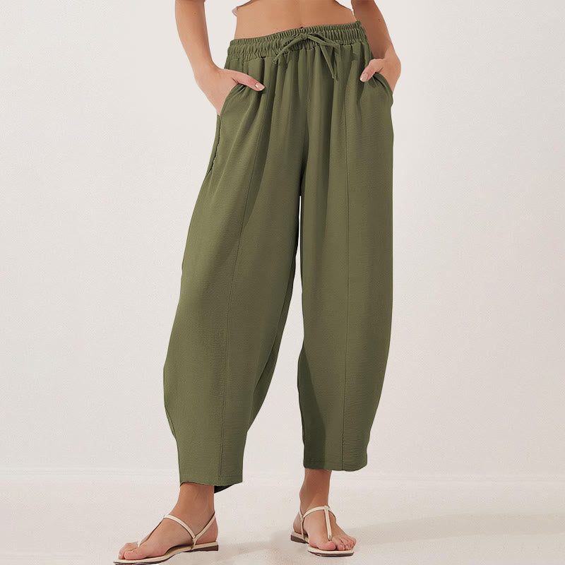 Spodnie damskie Buddha Stones Casual Plain Loose Drawstring z poliestru o długości 7/8 z kieszeniami