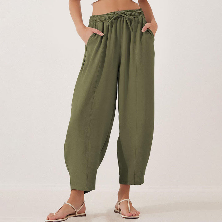 Spodnie damskie Buddha Stones Casual Plain Loose Drawstring z poliestru o długości 7/8 z kieszeniami