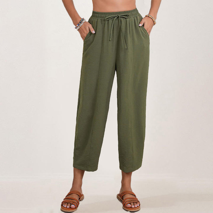 Spodnie damskie Buddha Stones Casual Plain Loose Drawstring z poliestru o długości 7/8 z kieszeniami