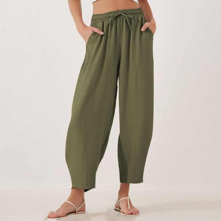 Spodnie damskie Buddha Stones Casual Plain Loose Drawstring z poliestru o długości 7/8 z kieszeniami
