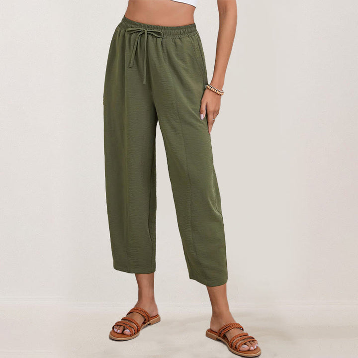 Spodnie damskie Buddha Stones Casual Plain Loose Drawstring z poliestru o długości 7/8 z kieszeniami