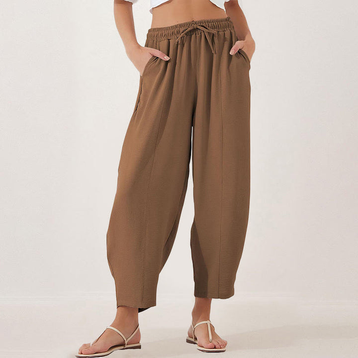 Spodnie damskie Buddha Stones Casual Plain Loose Drawstring z poliestru o długości 7/8 z kieszeniami