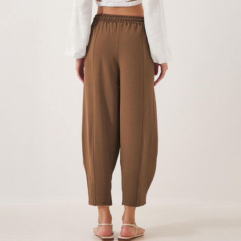 Spodnie damskie Buddha Stones Casual Plain Loose Drawstring z poliestru o długości 7/8 z kieszeniami