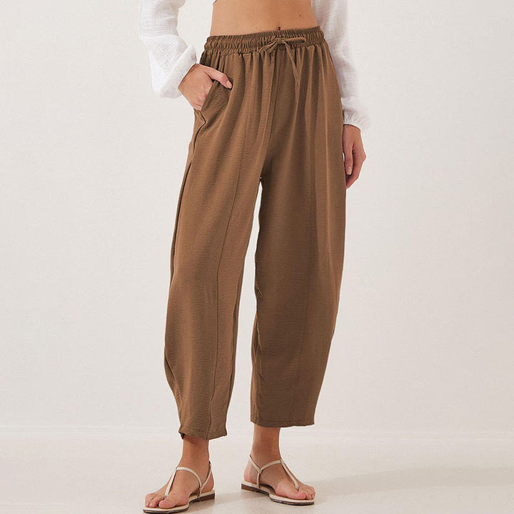 Spodnie damskie Buddha Stones Casual Plain Loose Drawstring z poliestru o długości 7/8 z kieszeniami
