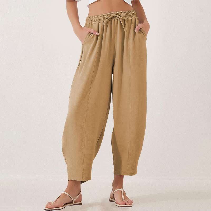 Spodnie damskie Buddha Stones Casual Plain Loose Drawstring z poliestru o długości 7/8 z kieszeniami