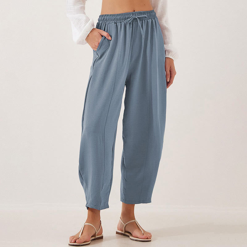 Spodnie damskie Buddha Stones Casual Plain Loose Drawstring z poliestru o długości 7/8 z kieszeniami