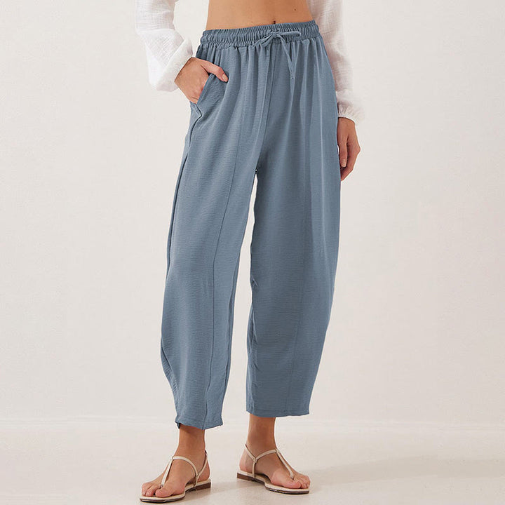 Spodnie damskie Buddha Stones Casual Plain Loose Drawstring z poliestru o długości 7/8 z kieszeniami