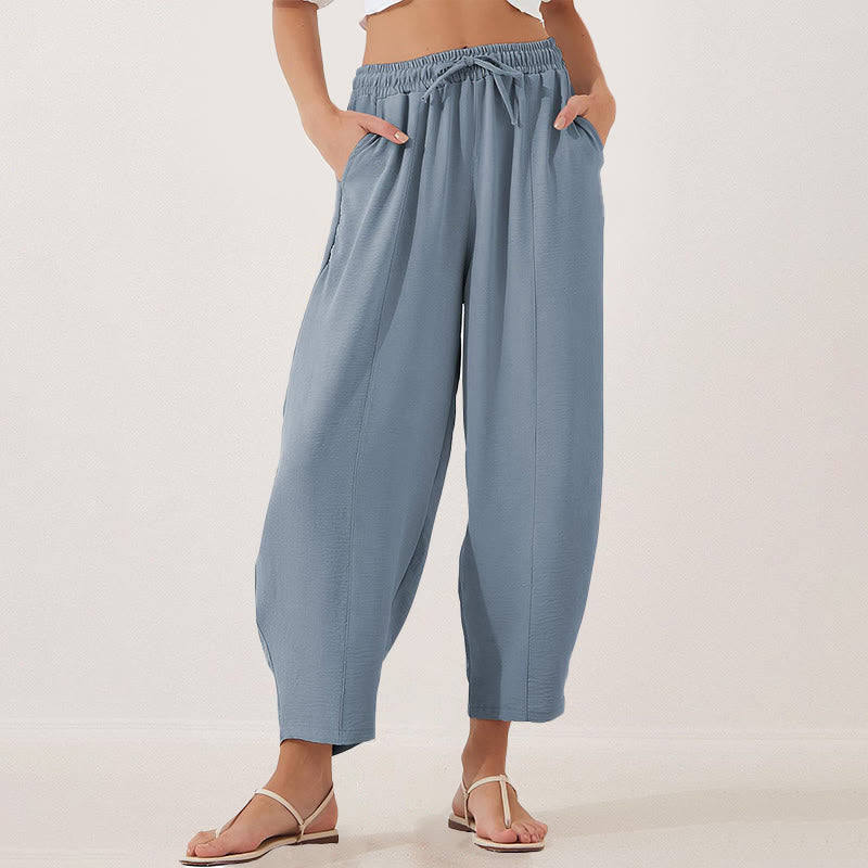 Spodnie damskie Buddha Stones Casual Plain Loose Drawstring z poliestru o długości 7/8 z kieszeniami