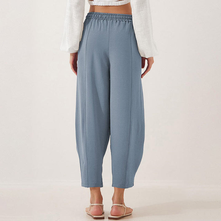Spodnie damskie Buddha Stones Casual Plain Loose Drawstring z poliestru o długości 7/8 z kieszeniami