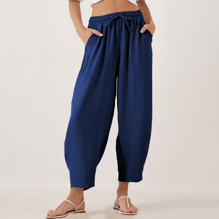 Spodnie damskie Buddha Stones Casual Plain Loose Drawstring z poliestru o długości 7/8 z kieszeniami