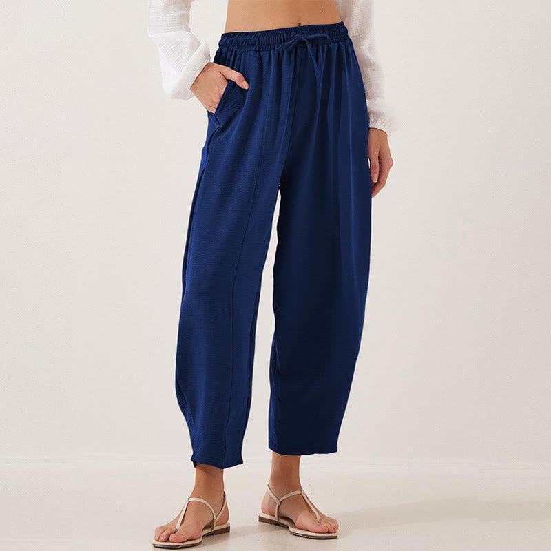 Spodnie damskie Buddha Stones Casual Plain Loose Drawstring z poliestru o długości 7/8 z kieszeniami
