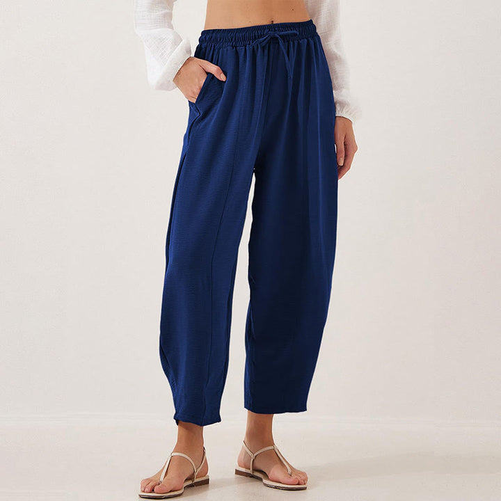 Spodnie damskie Buddha Stones Casual Plain Loose Drawstring z poliestru o długości 7/8 z kieszeniami