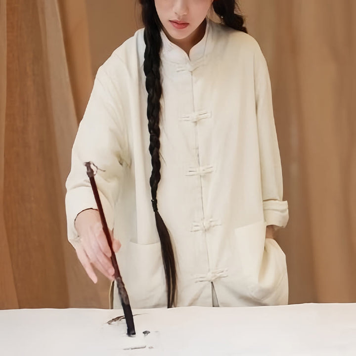 Buddha Stones Jednokolorowe Żabki Guziki Długie Rękawy Bawełna Lniane Koszule Damskie Z Kieszeniami - image 4