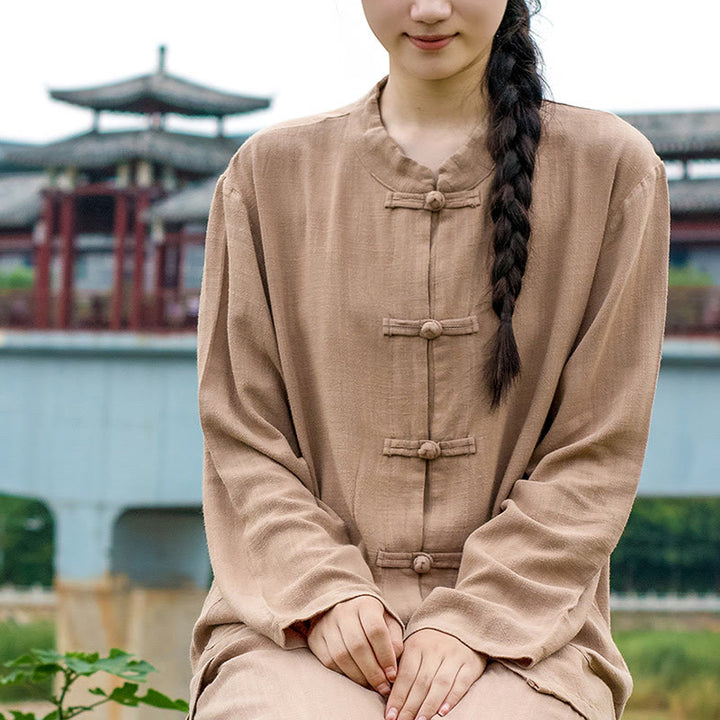 Buddha Stones Jednokolorowe Żabki Guziki Długie Rękawy Bawełna Lniane Koszule Damskie Z Kieszeniami - image 21