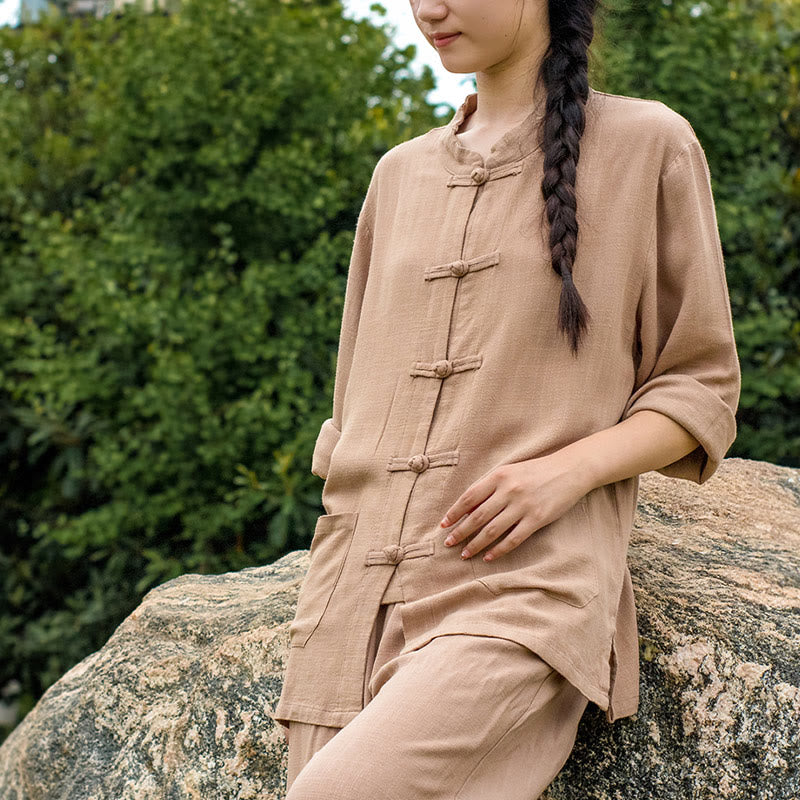 Buddha Stones Jednokolorowe Żabki Guziki Długie Rękawy Bawełna Lniane Koszule Damskie Z Kieszeniami - image 22
