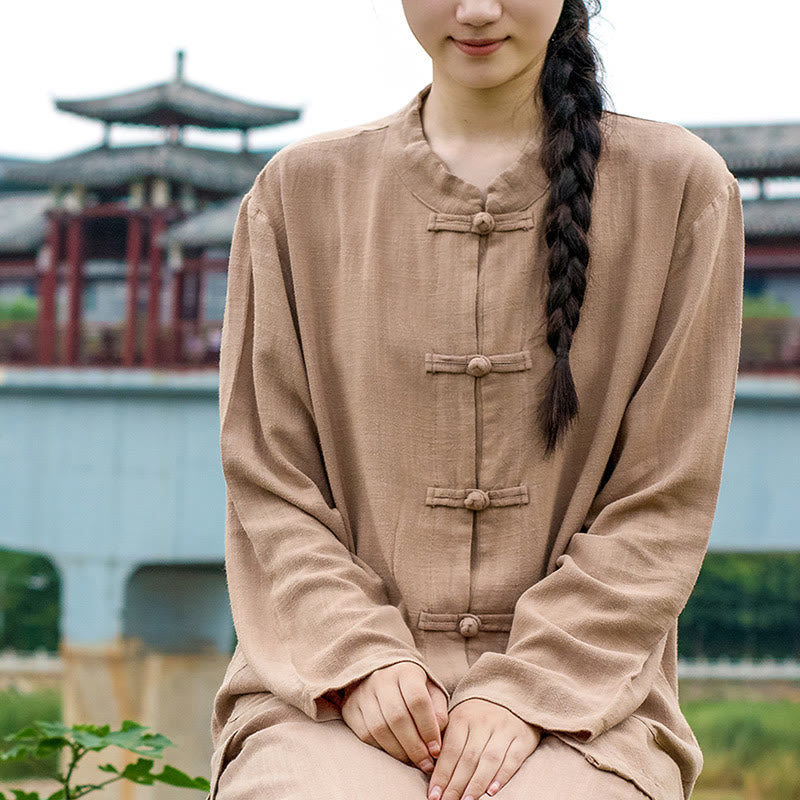 Buddha Stones Jednokolorowe Żabki Guziki Długie Rękawy Bawełna Lniane Koszule Damskie Z Kieszeniami - image 22