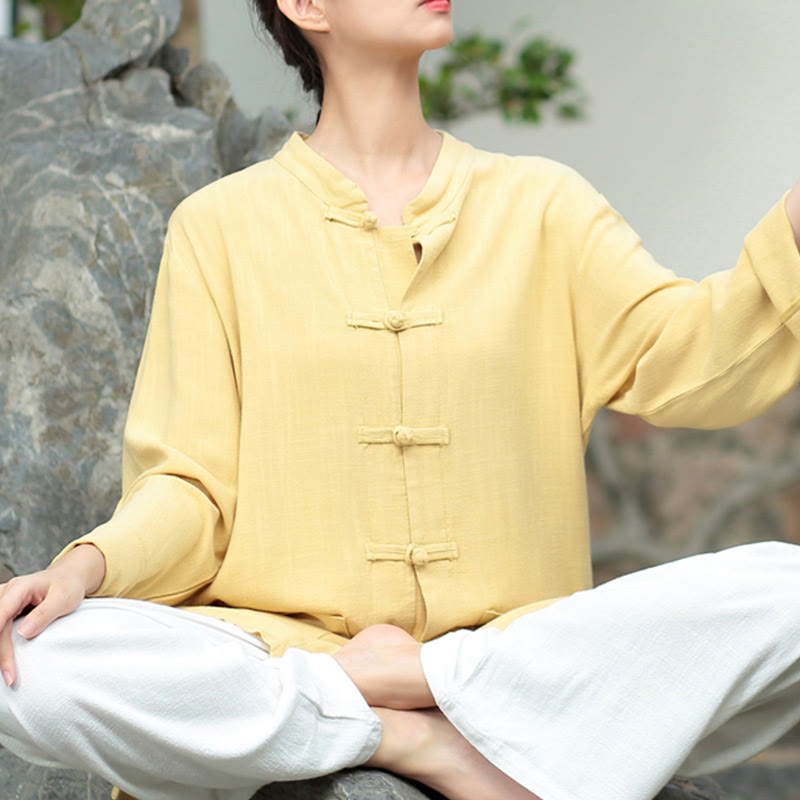 Buddha Stones Jednokolorowe Żabki Guziki Długie Rękawy Bawełna Lniane Koszule Damskie Z Kieszeniami - Khaki - US6, UK/AU10, EU38 (XL) - image 15