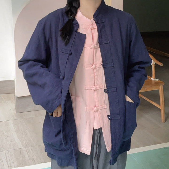 Buddha Stones Jednokolorowe Żabki Guziki Długie Rękawy Bawełna Lniane Koszule Damskie Z Kieszeniami - image 18