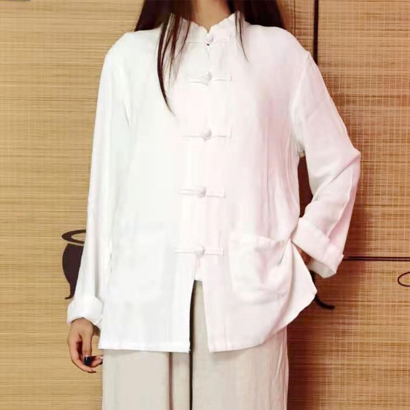 Buddha Stones Jednokolorowe Żabki Guziki Długie Rękawy Bawełna Lniane Koszule Damskie Z Kieszeniami - image 1