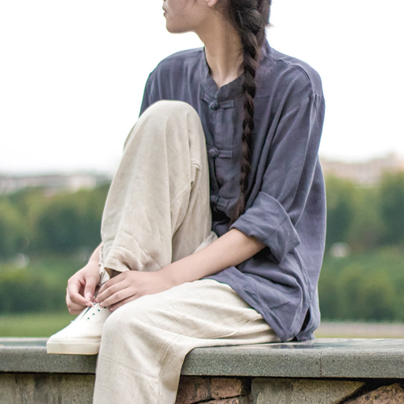 Buddha Stones Jednokolorowe Żabki Guziki Długie Rękawy Bawełna Lniane Koszule Damskie Z Kieszeniami - image 26