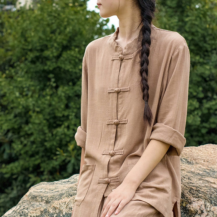 Buddha Stones Jednokolorowe Żabki Guziki Długie Rękawy Bawełna Lniane Koszule Damskie Z Kieszeniami - image 23
