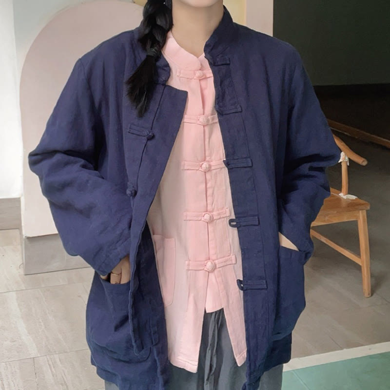 Buddha Stones Jednokolorowe Żabki Guziki Długie Rękawy Bawełna Lniane Koszule Damskie Z Kieszeniami - image 20