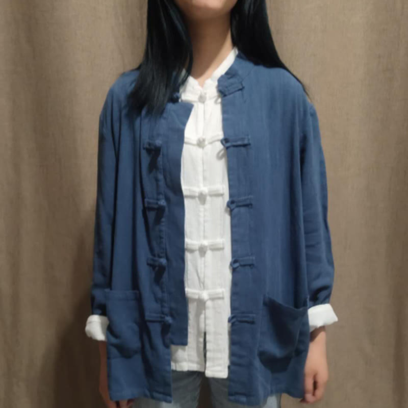 Buddha Stones Jednokolorowe Żabki Guziki Długie Rękawy Bawełna Lniane Koszule Damskie Z Kieszeniami - DarkSlateBlue - US6, UK/AU10, EU38 (XL) - image 10