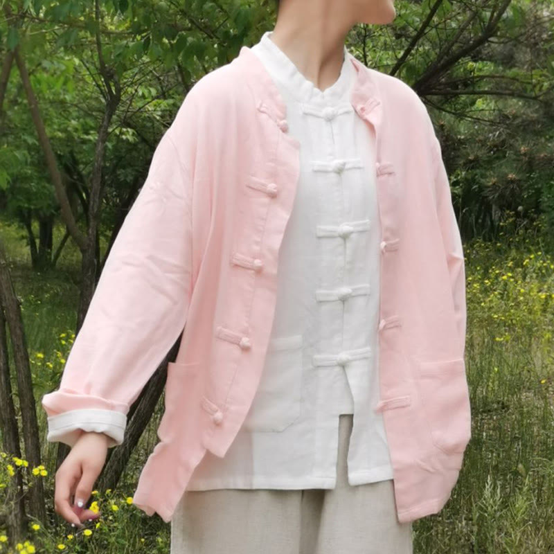 Buddha Stones Jednokolorowe Żabki Guziki Długie Rękawy Bawełna Lniane Koszule Damskie Z Kieszeniami - Różowy - US6, UK/AU10, EU38 (XL) - image 17