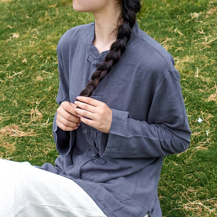 Buddha Stones Jednokolorowe Żabki Guziki Długie Rękawy Bawełna Lniane Koszule Damskie Z Kieszeniami - LightSteelBlue - US6, UK/AU10, EU38 (XL) - image 24