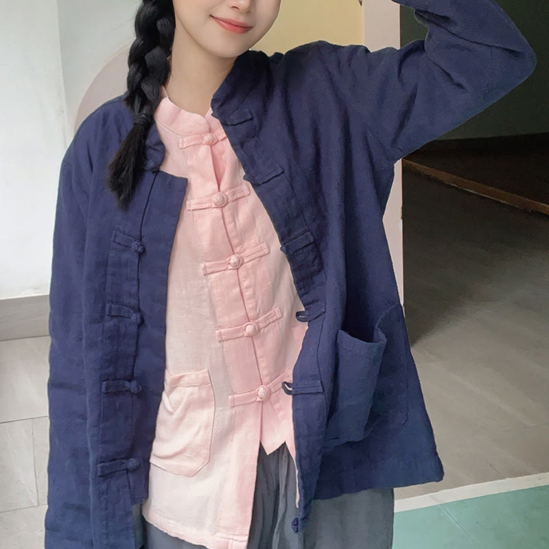 Buddha Stones Jednokolorowe Żabki Guziki Długie Rękawy Bawełna Lniane Koszule Damskie Z Kieszeniami - image 17