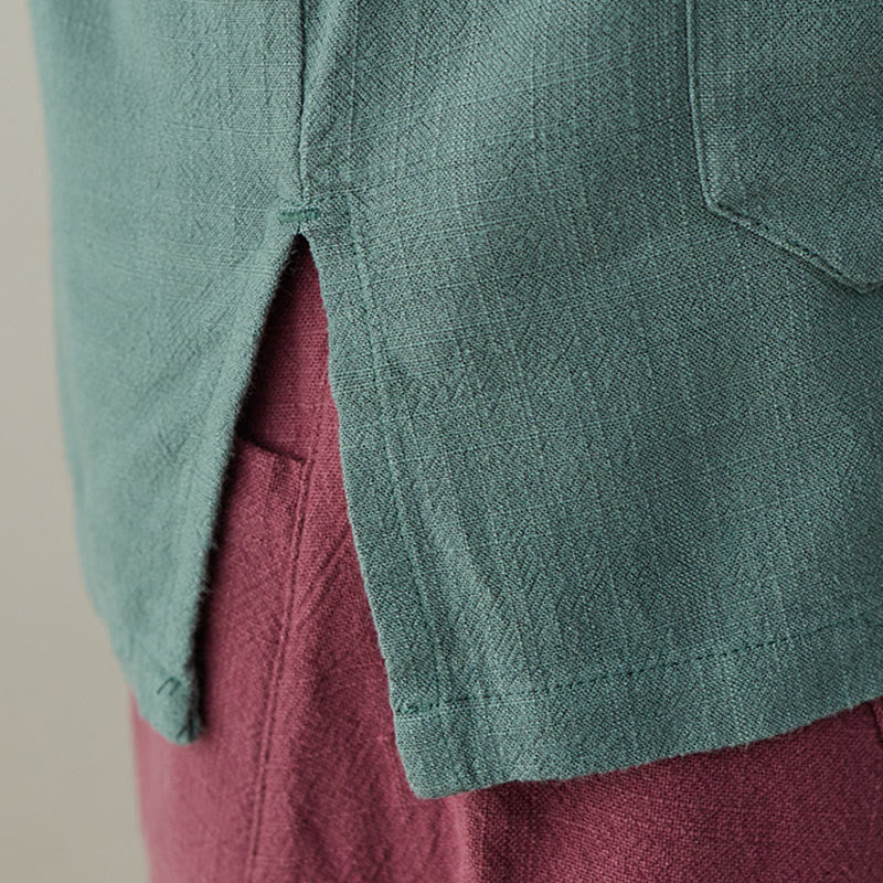 Buddha Stones Jednokolorowe Żabki Guziki Długie Rękawy Bawełna Lniane Koszule Damskie Z Kieszeniami - image 14