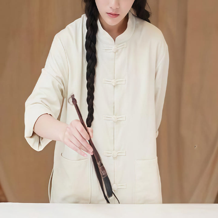 Buddha Stones Jednokolorowe Żabki Guziki Długie Rękawy Bawełna Lniane Koszule Damskie Z Kieszeniami - image 4