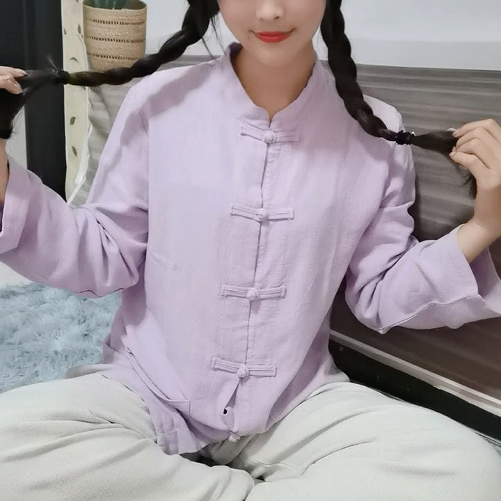 Buddha Stones Jednokolorowe Żabki Guziki Długie Rękawy Bawełna Lniane Koszule Damskie Z Kieszeniami - Oset - US6, UK/AU10, EU38 (XL) - image 8