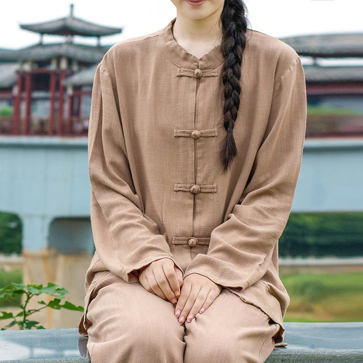 Buddha Stones Jednokolorowe Żabki Guziki Długie Rękawy Bawełna Lniane Koszule Damskie Z Kieszeniami - BurlyWood - US6, UK/AU10, EU38 (XL) - image 20