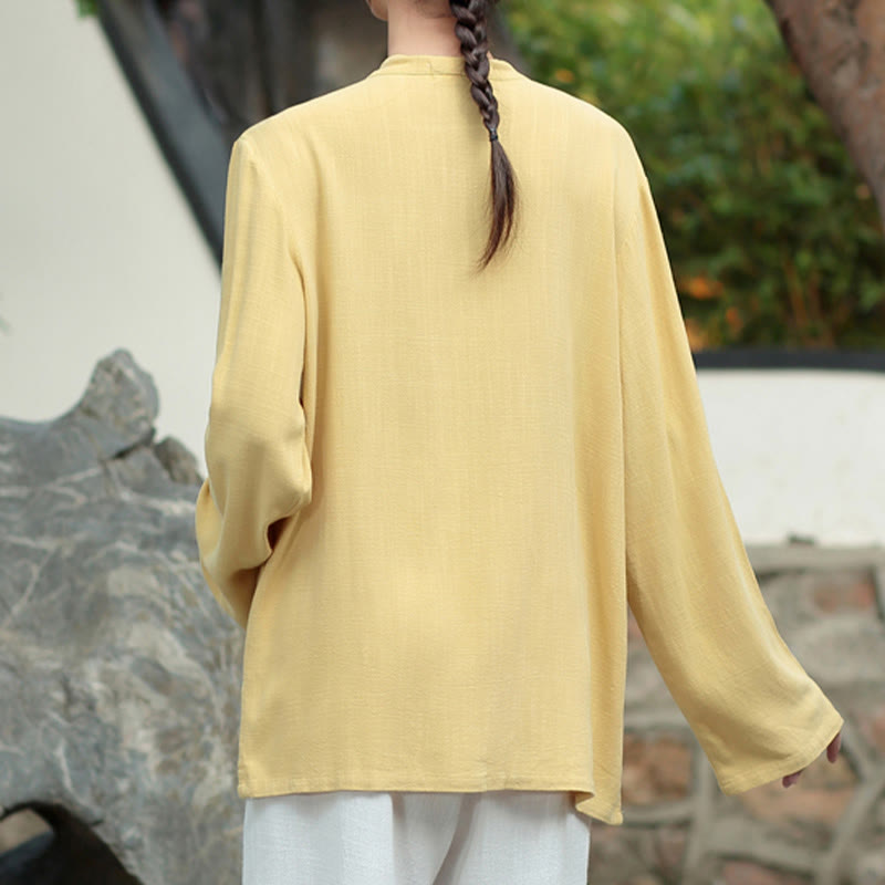 Buddha Stones Jednokolorowe Żabki Guziki Długie Rękawy Bawełna Lniane Koszule Damskie Z Kieszeniami - image 15