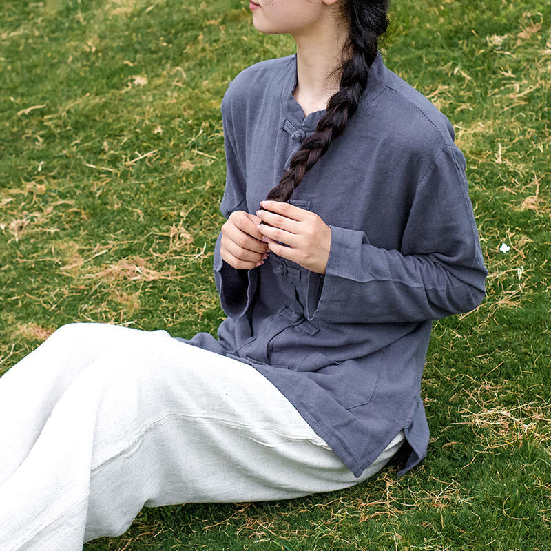 Buddha Stones Jednokolorowe Żabki Guziki Długie Rękawy Bawełna Lniane Koszule Damskie Z Kieszeniami - image 25