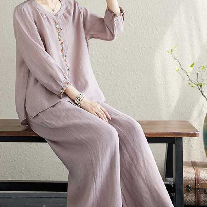 Buddha Stones 2 szt. Bawełna Haft Kwiaty Koszula Top Spodnie Medytacja Zen Tai Chi Odzież Damska Zestaw - image 8