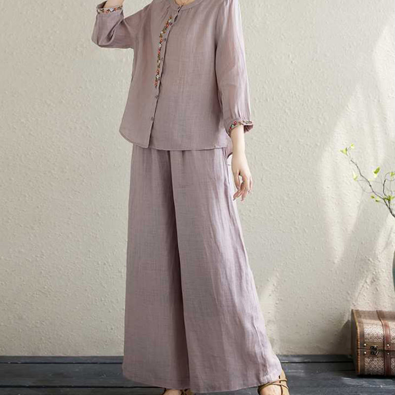 Buddha Stones 2 szt. Bawełna Haft Kwiaty Koszula Top Spodnie Medytacja Zen Tai Chi Odzież Damska Zestaw - image 4