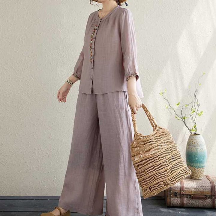 Buddha Stones 2 szt. Bawełna Haft Kwiaty Koszula Top Spodnie Medytacja Zen Tai Chi Odzież Damska Zestaw - image 2