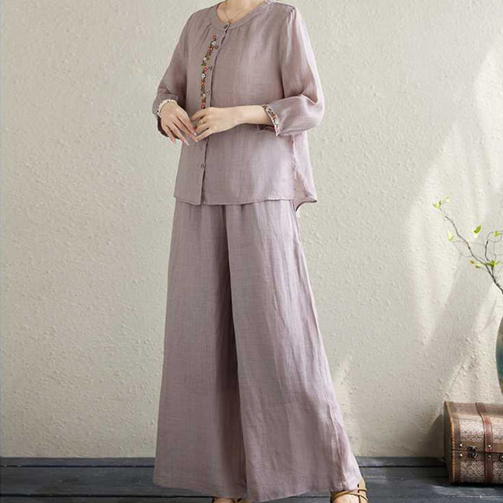 Buddha Stones 2 szt. Bawełna Haft Kwiaty Koszula Top Spodnie Medytacja Zen Tai Chi Odzież Damska Zestaw - image 6