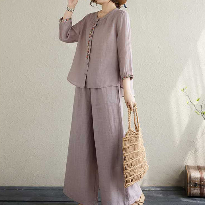 Buddha Stones 2 szt. Bawełna Haft Kwiaty Koszula Top Spodnie Medytacja Zen Tai Chi Odzież Damska Zestaw - image 5