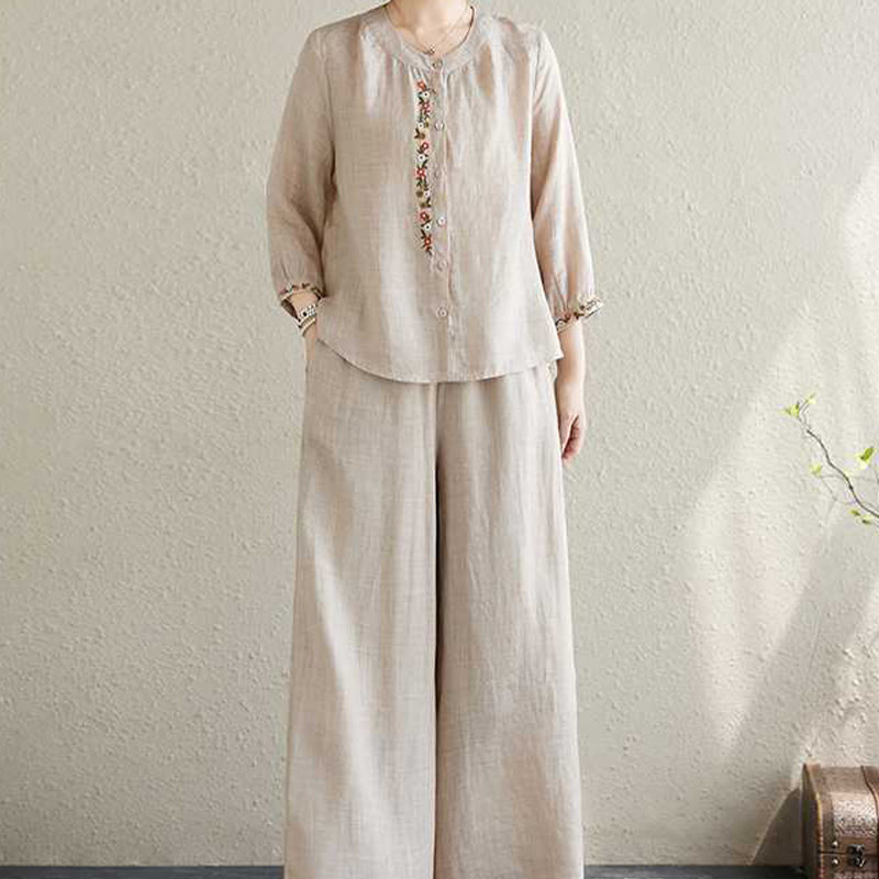 Buddha Stones 2 szt. Bawełna Haft Kwiaty Koszula Top Spodnie Medytacja Zen Tai Chi Odzież Damska Zestaw - image 15