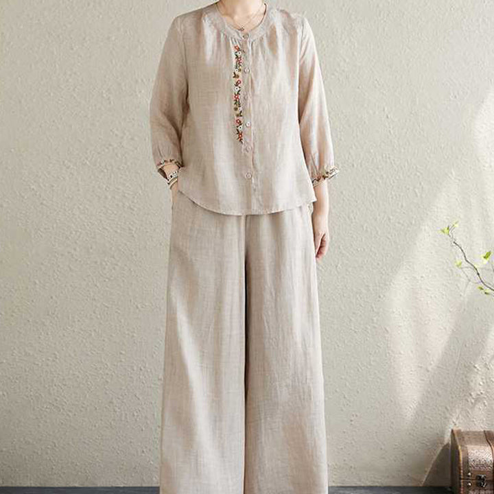 Buddha Stones 2 szt. Bawełna Haft Kwiaty Koszula Top Spodnie Medytacja Zen Tai Chi Odzież Damska Zestaw - image 15