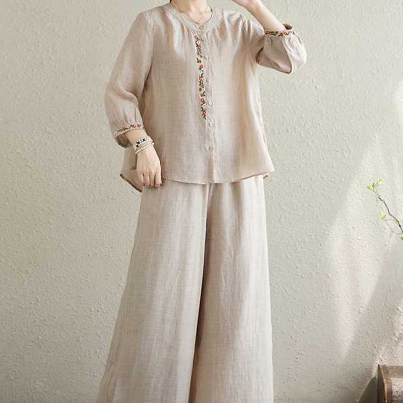 Buddha Stones 2 szt. Bawełna Haft Kwiaty Koszula Top Spodnie Medytacja Zen Tai Chi Odzież Damska Zestaw - image 16