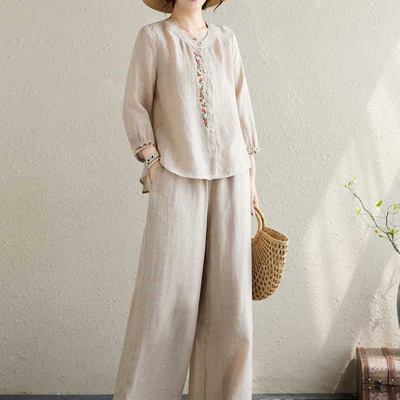 Buddha Stones 2 szt. Bawełna Haft Kwiaty Koszula Top Spodnie Medytacja Zen Tai Chi Odzież Damska Zestaw - image 14