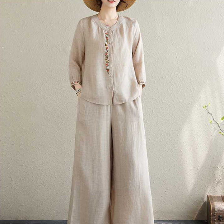 Buddha Stones 2 szt. Bawełna Haft Kwiaty Koszula Top Spodnie Medytacja Zen Tai Chi Odzież Damska Zestaw - image 17