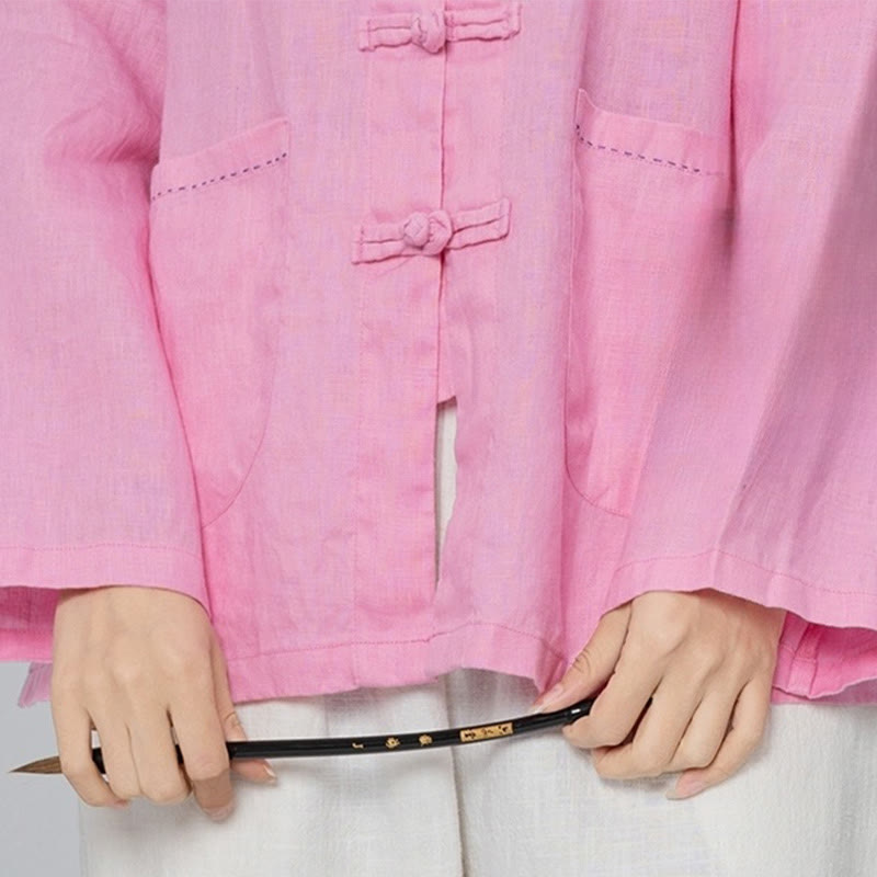 Buddha Stones Jednokolorowe Żabki Guziki Długie Rękawy Lniane Koszule Damskie Z Kieszeniami - image 5