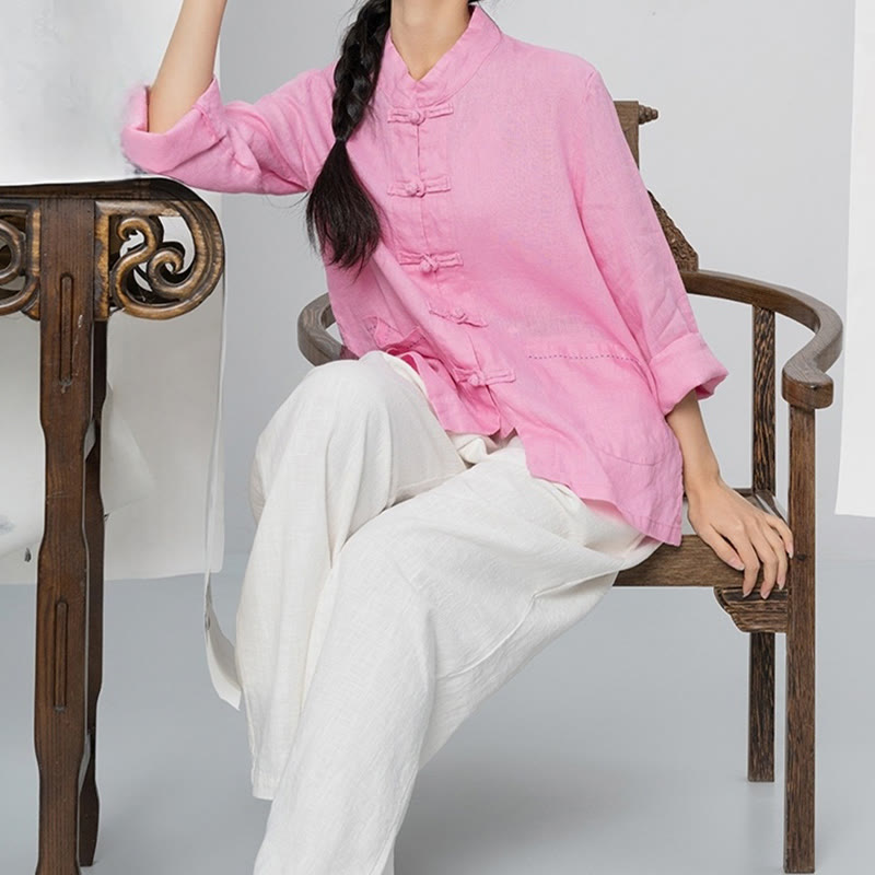 Buddha Stones Jednokolorowe Żabki Guziki Długie Rękawy Lniane Koszule Damskie Z Kieszeniami - image 3