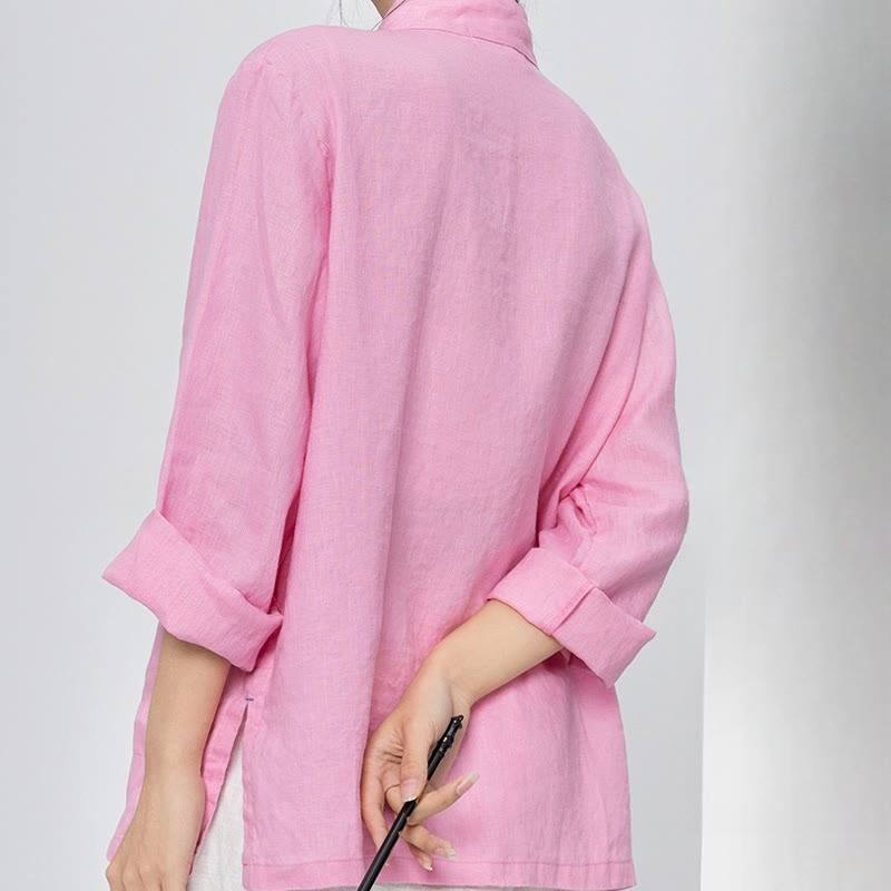 Buddha Stones Jednokolorowe Żabki Guziki Długie Rękawy Lniane Koszule Damskie Z Kieszeniami - image 2