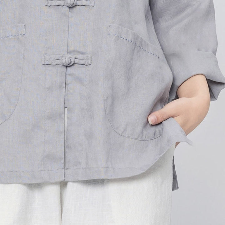 Buddha Stones Jednokolorowe Żabki Guziki Długie Rękawy Lniane Koszule Damskie Z Kieszeniami - image 11